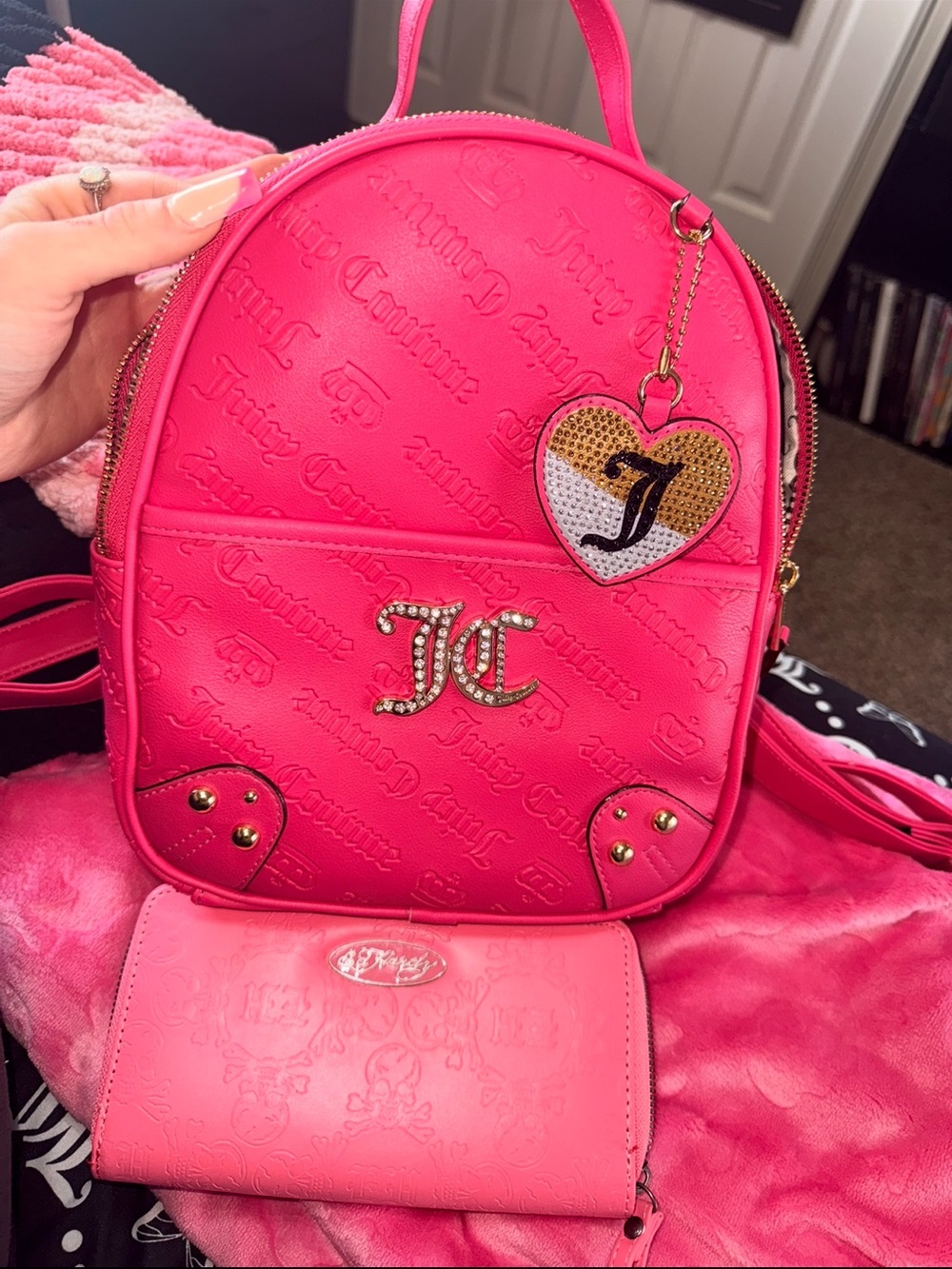 Juicy Couture Bright Pink Embossed JC Crystal Mini Backpack with Heart Charm